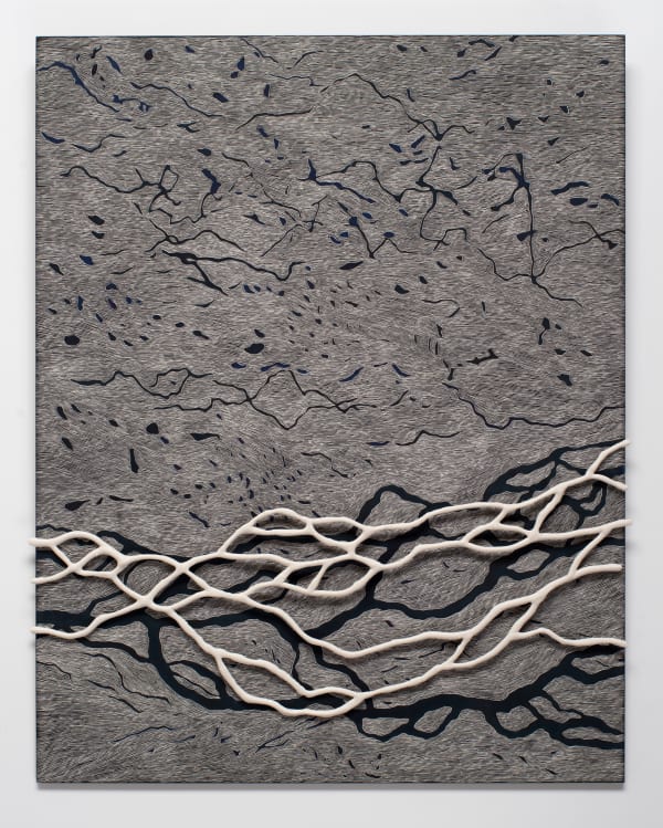 Sue Lovegrove Meltwater No 18.6, 2025 watercolor & porcelain with 23ct gold leaf on scratchboard 35.5 x 28 cm