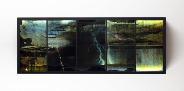 Caroline Rannersberger Sturm und Drang (furioso) lightbox painting I, 2020 acrylic and ink on linen; 5 kiln fired glass panels with photo interlayer framed inside lightbox 43 x 128cm