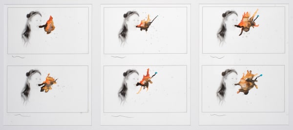 Sally Rees Flock (Alison) production frames 187-192, 2020 hand-painted inkjet print on watercolour paper, framed triptych: 43 x 79.5 cm (overall frame size)