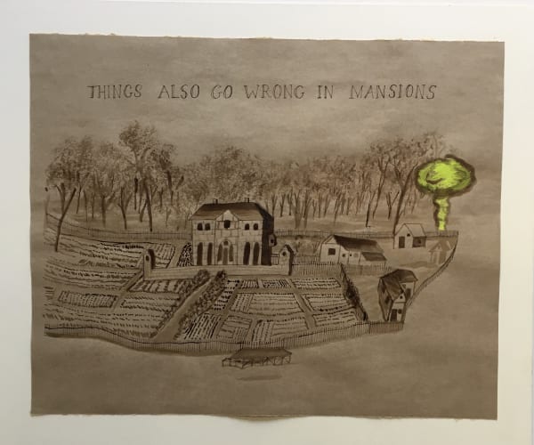 Joan Ross Things also go wrong in mansions, 2019 ink and mixed media on brown card, framed 50 x 50cm approx