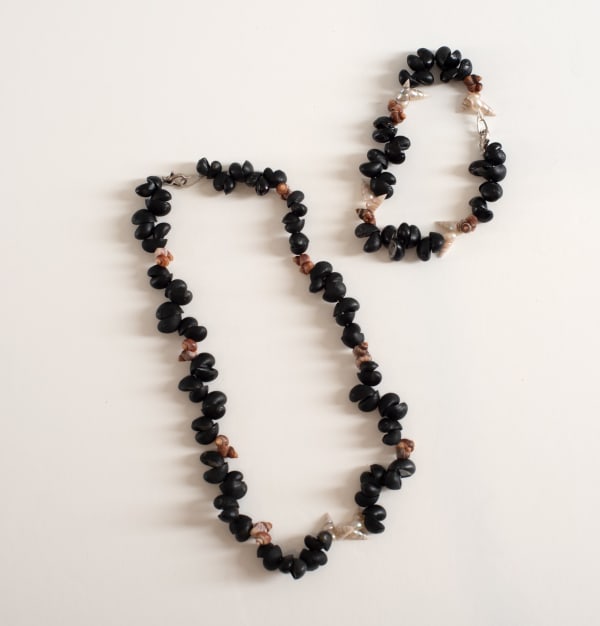 Charlyse Greeno pakana necklace and bracelet set - night sky II, 2024 set of 2: black crow, brown gull & banded kelp shells, metal clasp 45 cm (necklace length) 24 cm (bracelet length)