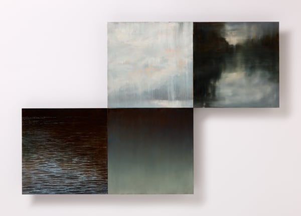 Michaye Boulter and Heather Rose Everything is less certain III, 2021 oil on board 4 panels: 40 x 60 cm (installation size)