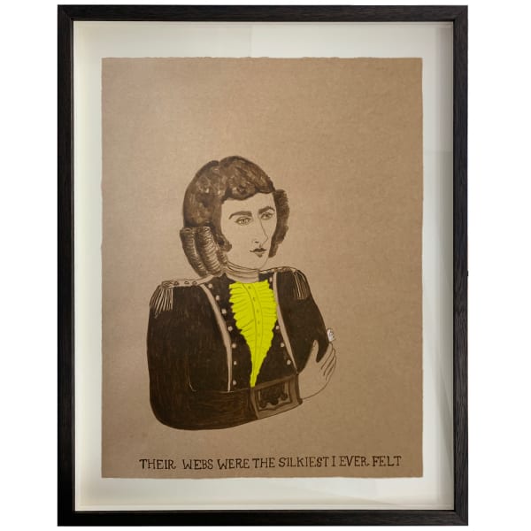 Joan Ross Their webs were the silkiest, 2019 ink and mixed media on brown card, framed 50 x 38cmcm