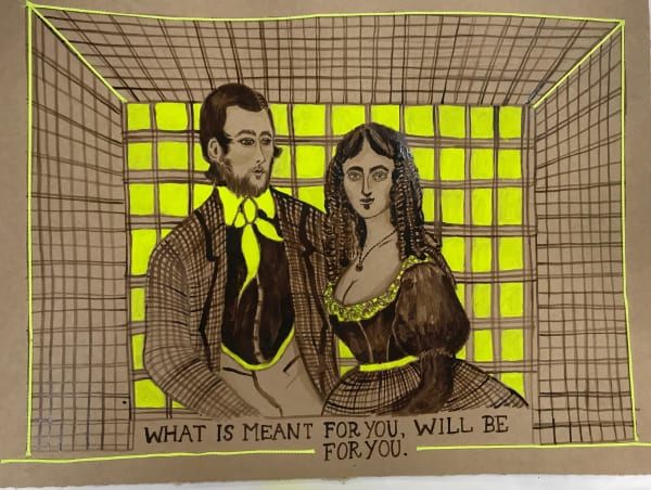 Joan Ross What is meant for you will be for you , 2019 ink and mixed media on brown card, framed 38 x 50cm