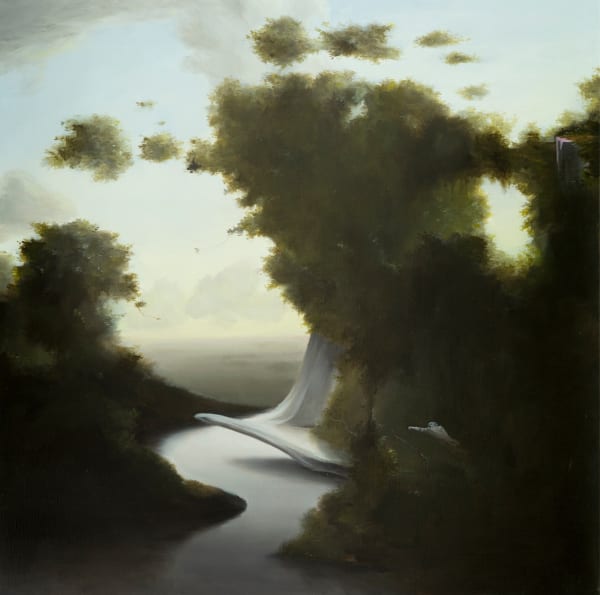 Sam Leach Landscape composed by machine learning, 2021 oil on linen, framed 50 x 50 cm