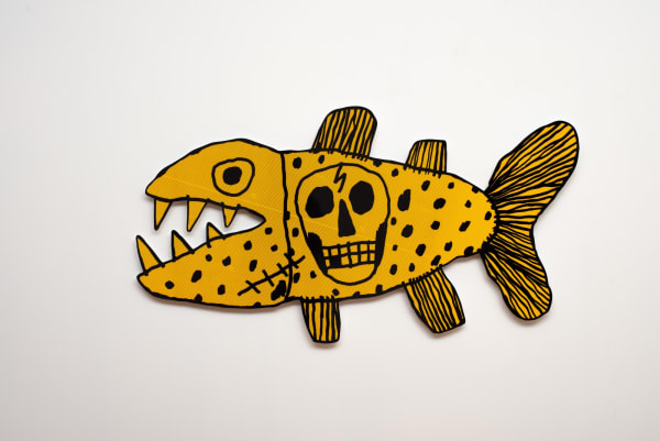 Tom O'Hern Forty spotted handjob fish, 2023 enamel and reflective vinyl on aluminium 119 x 62 x 2.5 cm