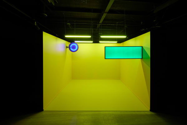 Alex Davern Bright labyrinth, 2021 pine, MDF, acrylic paint, linoleum, fluorescent lighting, light filters, steel, perspex, electrical components 270 x 380 x 380cm Price on application