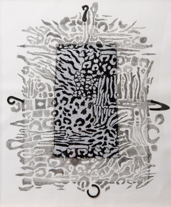 Irene Briant Stanza no. 1, 2015 beaded fabric, paper, pen, plastic objects on canvas behind perspex 61 x 50.5 x 3 cm