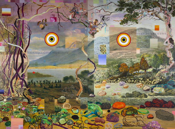 Neil Haddon and Leigh Woolley We will bring our own views (and our own plans), 2018-2021 oil and digital print on aluminium panels diptych: 180 x 240 cm (overall size)