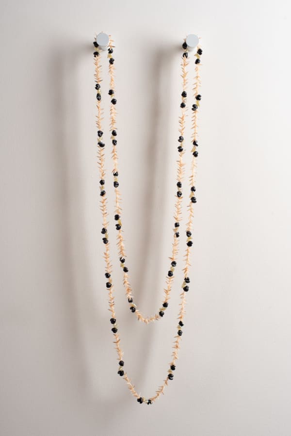 Aunty Lola Greeno pakana necklace - paliti (good spirit), 2024 auger, black crow & blue maireener shells 230 cm (overall length)