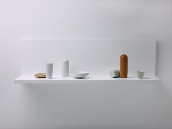 Kelly Austin Stilled composition 83, 2021 porcelain, stoneware, timber and acrylic paint 38 x 120 x 32xm