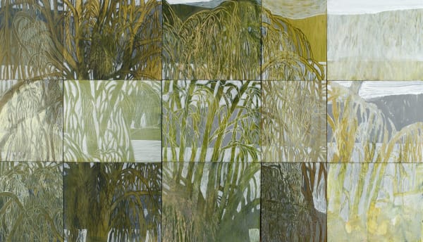 Caroline Rannersberger Huon Pine 2 , 2022 acrylic on wood panel 15 panels: 133 x 75 cm (overall size)