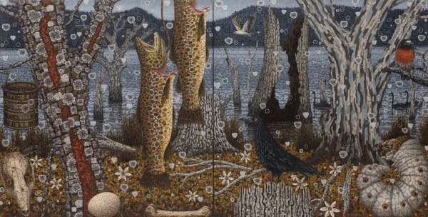 Richard Wastell Woods Lake, Ecstatic, 2018 oil, acrylic, oil stick, & pumice on linen diptych: each panel 92 x 92 cm Overall 92 x 184 cm