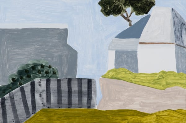 Neridah Stockley Tin fence with a house, 2021 acrylic on hardboard 20 x 30cm