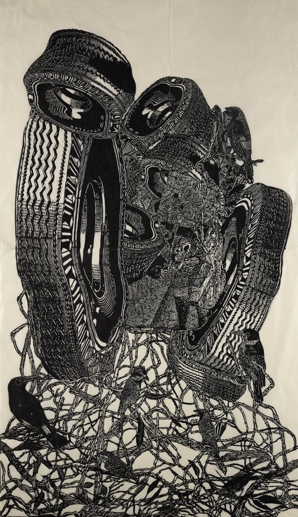 Helen Wright and Rachel Leary The Fragile and the Fury , 2021 woodcut on Japanese rice paper, framed 143 x 89.5 cm (frame size)