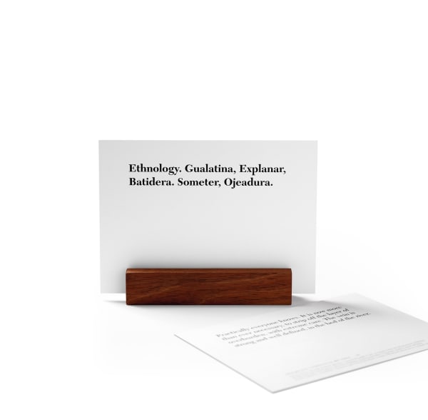 A Published Event Telegraphic Poem, 2021 digitally printed card, Tasmanian Blackwood 17.8 x 12.7 x 3 cm Edition of 25 plus 1 artist's proof