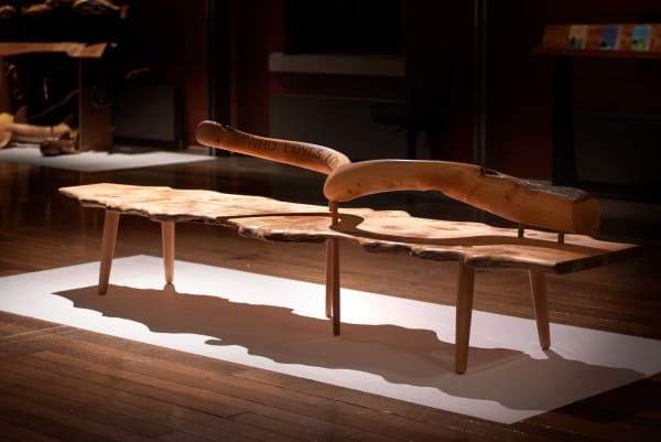 Kevin Perkins Question 7, 2024 Huon pine, Birdseye pine & Celery Top pine incised text: Who loves longer. Question 7. Richard Flanagan 2023 87 x 300 x 85 cm