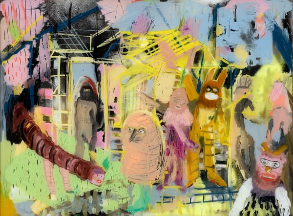 Mish Meijers Episode 6 – Ned Kelly and the shuttlcocks, 2020 oil on reverse glass (Hinterglasmalerei), framed 60 x 80 x 4cm