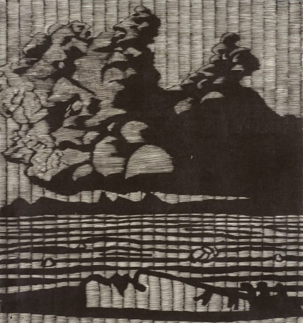 Michael Schlitz Digging a hole, jumping in, looking up, 2005 hand printed wood cut on Japanese Kozo paper 69h x 62w cm (overall size) Edition of 8 plus 2 artist's proofs