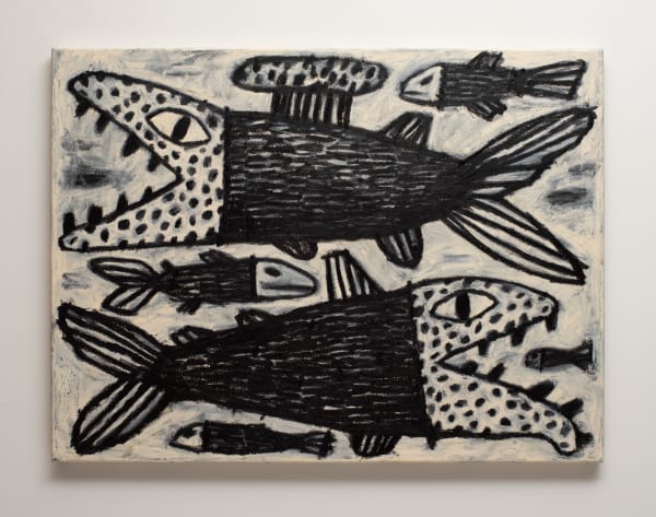 Tom O'Hern There are no sacred and unsacred places; There are only sacred places and desecrated places (prehistoric sharks), 2025 oil stick on canvas 76.5 x 102 cm (stretcher size)