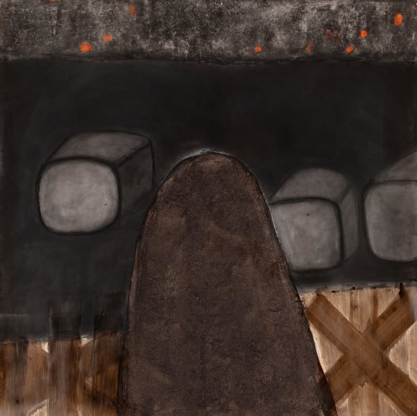 Deborah Leisser Macquarie Point XV, 2024 acrylic, ink, sand, bitumen and charcoal on paper, framed 100 x 100 cm (paper size)