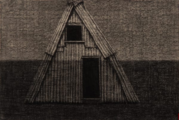 Richard Wastell and Ben Walter Sama Hut, Mt Wellington, 2013 charcoal on paper, framed 38 x 57cm (paper size)
