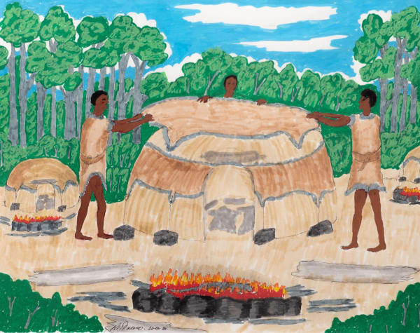 Uncle Rex Greeno Building shelter, 2025 mixed media on paper, framed 39 x 49 cm (image size), 53 x 62.5 cm (framed size)