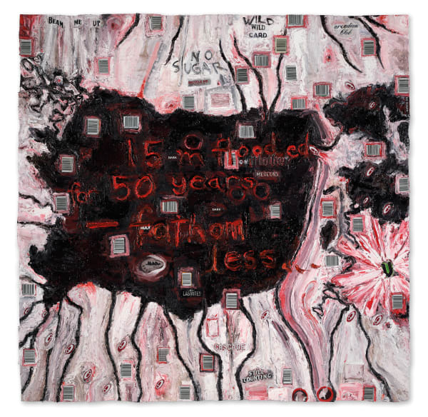 Fiona Hall Beam me up, 2021 oil on recycled drink cans 100 x 100 cm