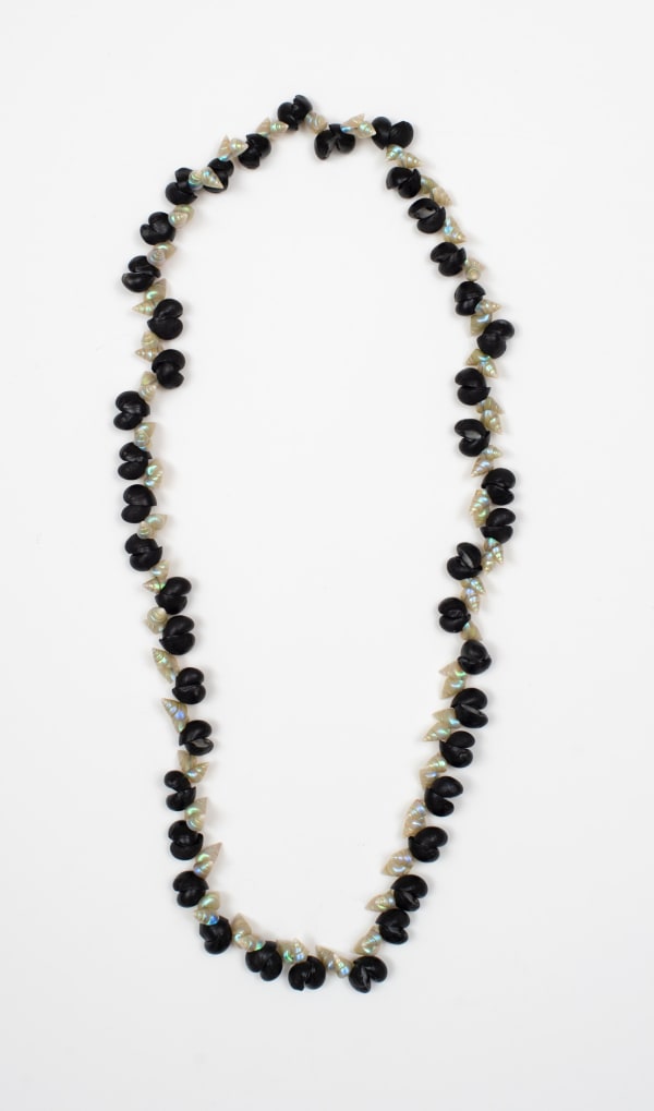 Aunty Lola Greeno pakana necklace, 2023 maireener and black crow shells 71 cm (approx overall length)