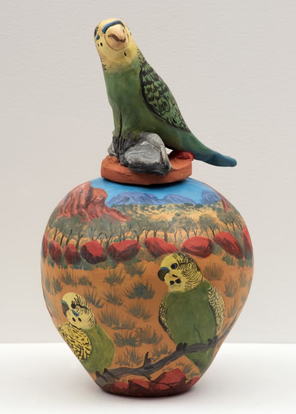 Judith Pungkarta Inkamala Lyerrtjina (budgerigar), 2019 terracotta and underglazes 29 x 17 cm
