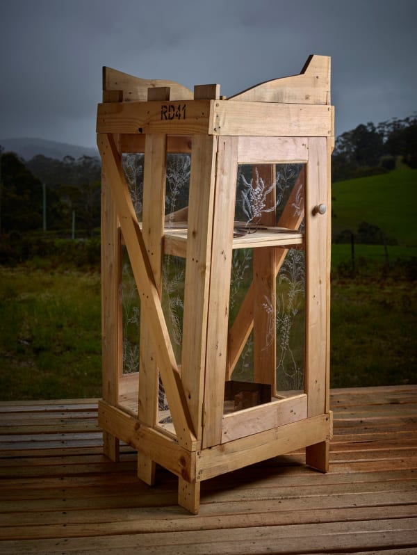 Gay Hawkes Mum's china cabinet, 2014 recycled pallet wood, plywood & engraved acrylic 130.5 x 57 x 56 cm
