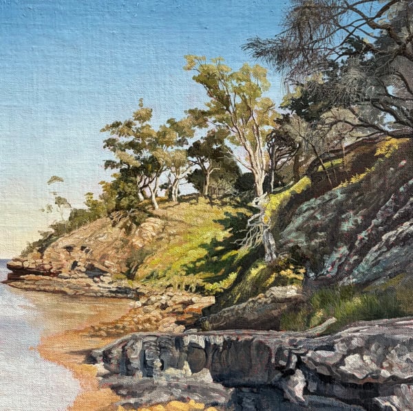 David Keeling Waters edge, 2025 oil on board, framed 30.5 x 30.5 cm (framed size)