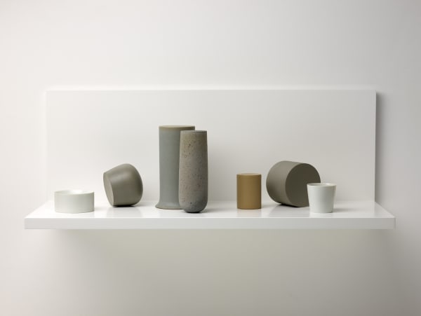 Kelly Austin Stilled composition 52, 2018 stoneware, porcelain, wood and acrylic paint 36d x 102w x 36h cm