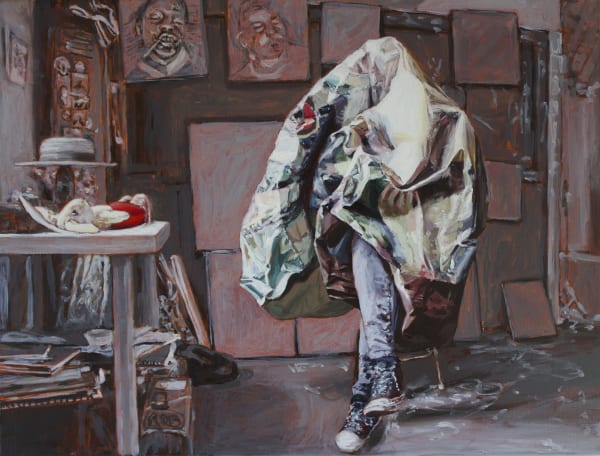 Amanda Davies The artist's studio, Rob O'Connor and the crushed Stoner painting, 2019 oil on linen 30 x 40cm