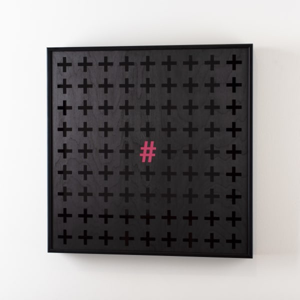 Brigita Ozolins Plus hash, 2025 spirit stain, hardwax oil & perspex on birch ply, framed 60 x 60 cm