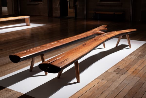 Kevin Perkins Death of a River Guide, 2023 Blackwood and Celery Top pine incised text: Franklin runs free 46 x 300 x 37 cm