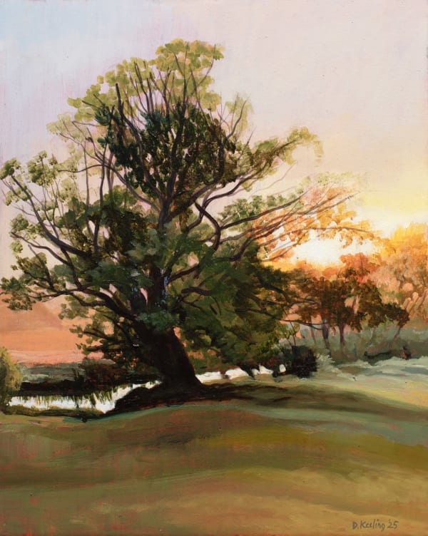 David Keeling Ratho sunrise, 2025 acrylic and oil on board, framed 26 x 20 cm (board size)
