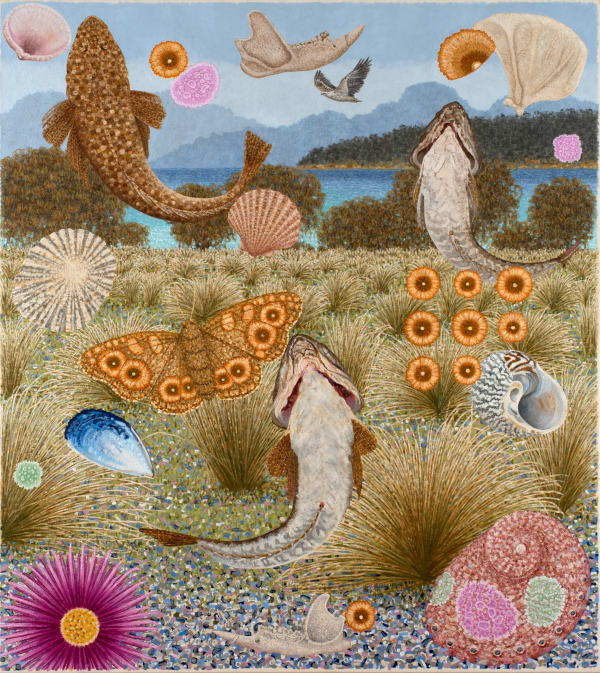 Richard Wastell Travelling home. East Coast garden, 2024 oil and pumice on linen 137 x 122 cm (stretcher size)