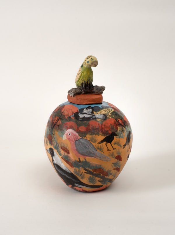 Judith Pungarta Inkamala Thepa Mapa (big mob birds)/ Lyerrtjina (budgerigar), 2024 terracotta and underglazes 23 x 15 cm