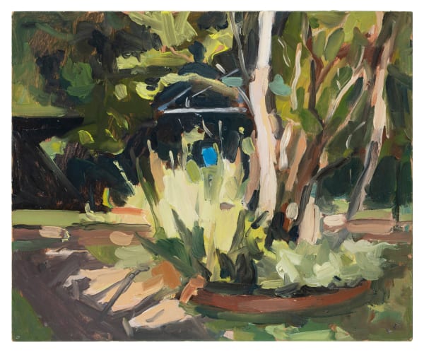 Rachel Milne Backyard, 2024 oil on board, framed 23 x 28 cm