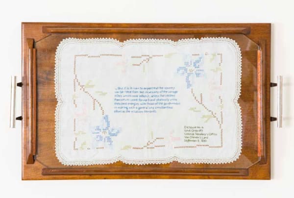 Julie Gough The simultaneous effort, 2008 Embroidered doyley on blackwood tray 35 x 60 x 3.5 cm