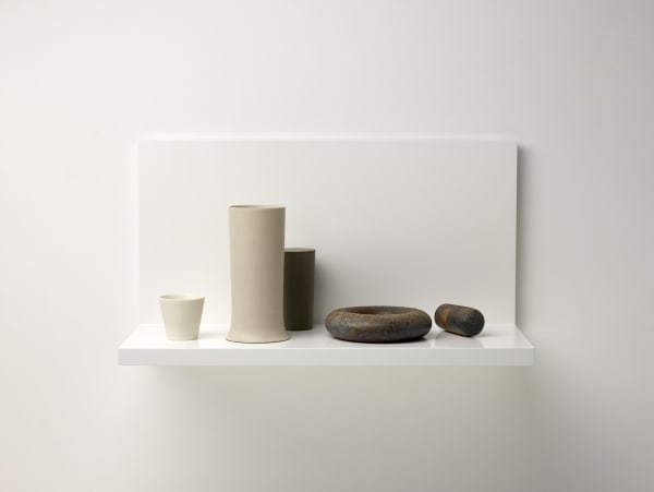 Kelly Austin Stilled composition 53, 2018 stoneware, porcelain, wood and acrylic paint 35d x 75w x 37h cm