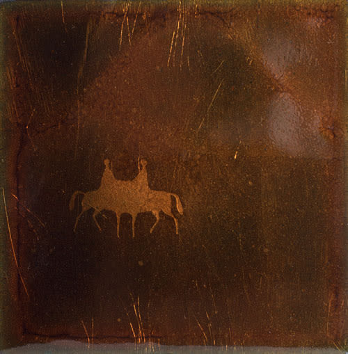 Sara Maher Relic 1, 2006 - 2016 enamel on copper etched plate 21 x 22.5 cm (frame size)