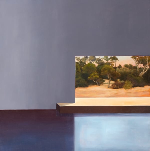 David Keeling New Room With Bush View, 2012 oil on wood, framed 50h x 50w cm