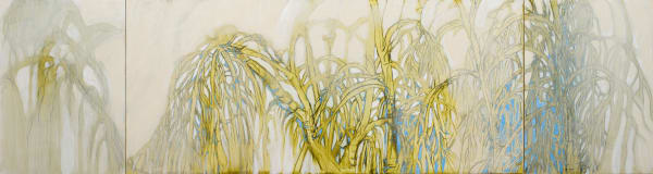 Caroline Rannersberger Huon pine wide 1, 2022 acrylic on wood panel and Belgian linen triptych: 40.5 x 153 cm (overall size)