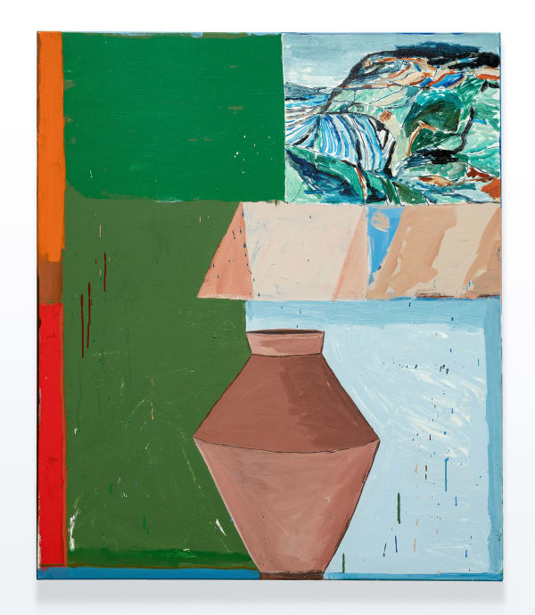 Sally Anderson Sea Town Lawn Roof Song with NO's Vessel, 2023 acrylic on polycotton 115 x 97 cm (stretcher size)