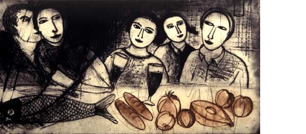 Barbie Kjar The Banquet, 1995 coloured dry point etching on paper, unframed 45 x 98cm (plate size)