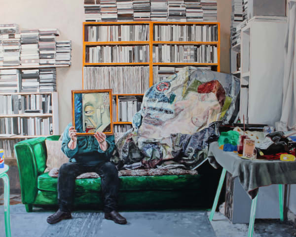 Amanda Davies The artist's studio, Richard Wastell and the crushed Stoner painting, 2019 oil on linen 122 x 152cm