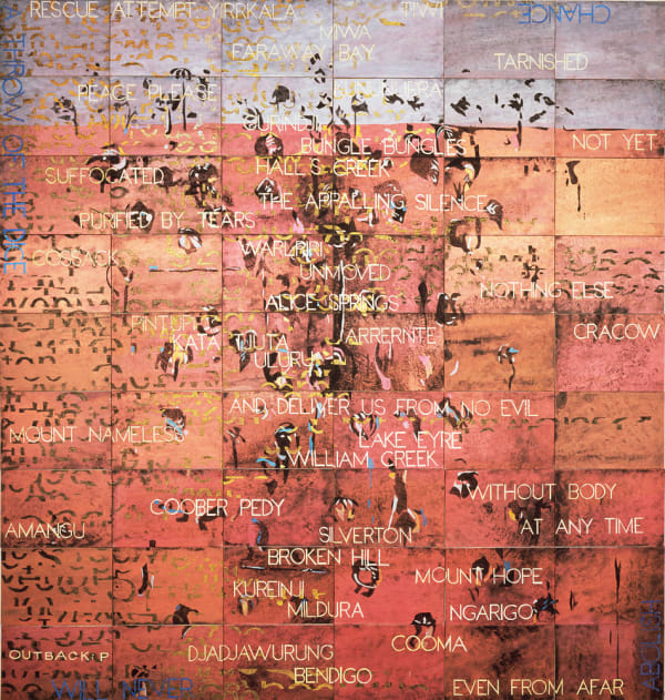 Imants Tillers Outback : P, 2008 Acrylic & goauche on 54 canvas boards 90” x 84” (overall assembled size)