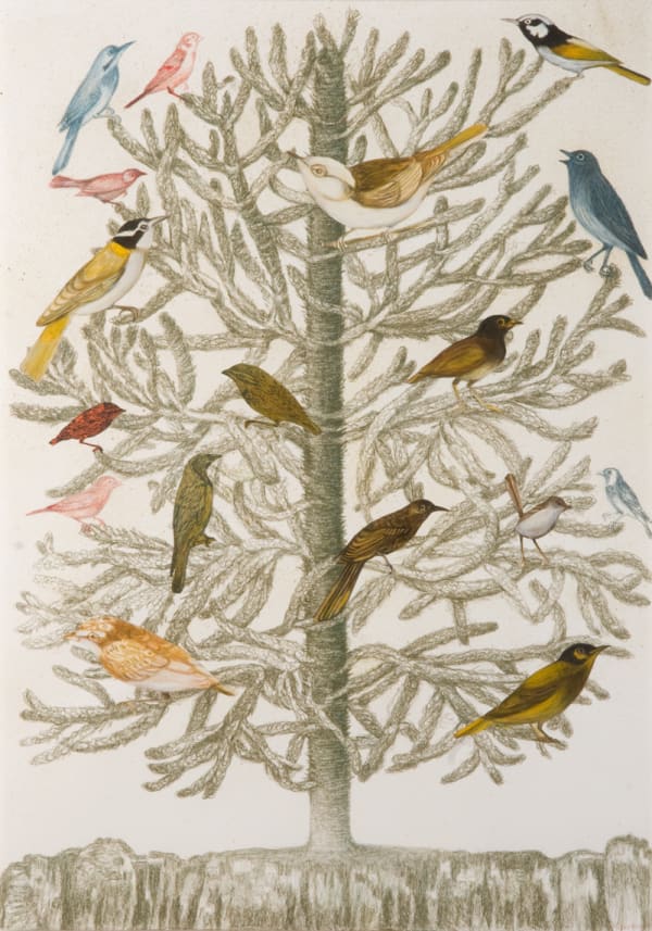 Helen Wright Bird Tree of Hope, 2010 collage, acylic and drawing on paper, framed 101h x 71w cm (paper size) 126h x 96w cm (frame size)